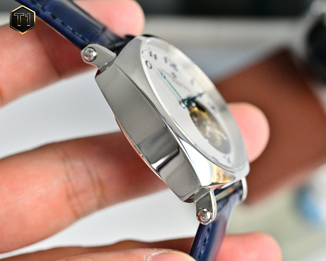 Vacheron Constantin watch side view with metal case and blue leather strap