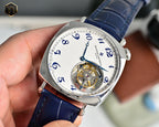 Vacheron Constantin watch with blue leather strap, white dial, and exposed movement