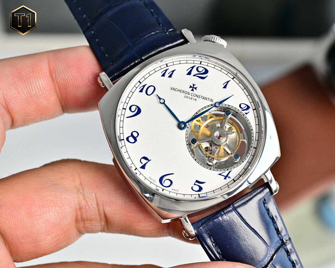 Vacheron Constantin watch close-up with blue leather strap and skeleton dial