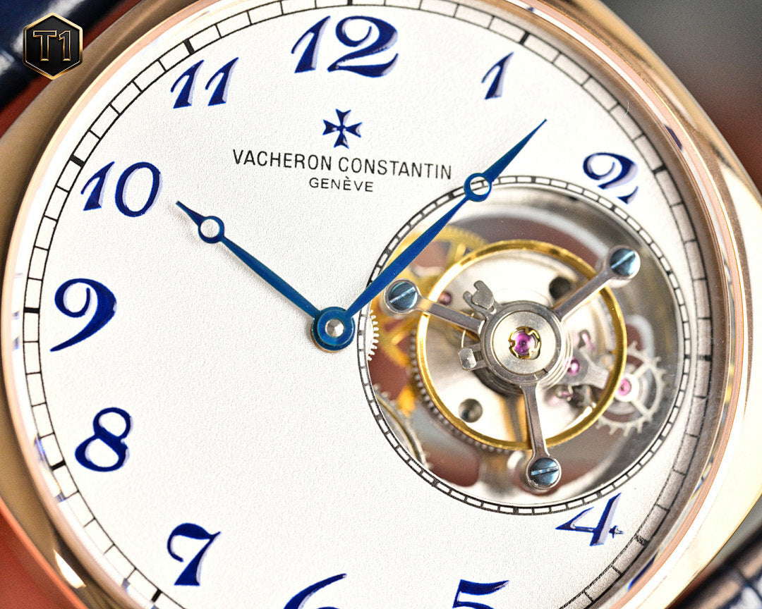 Vacheron Constantin wristwatch close-up of white dial with blue numerals and open movement