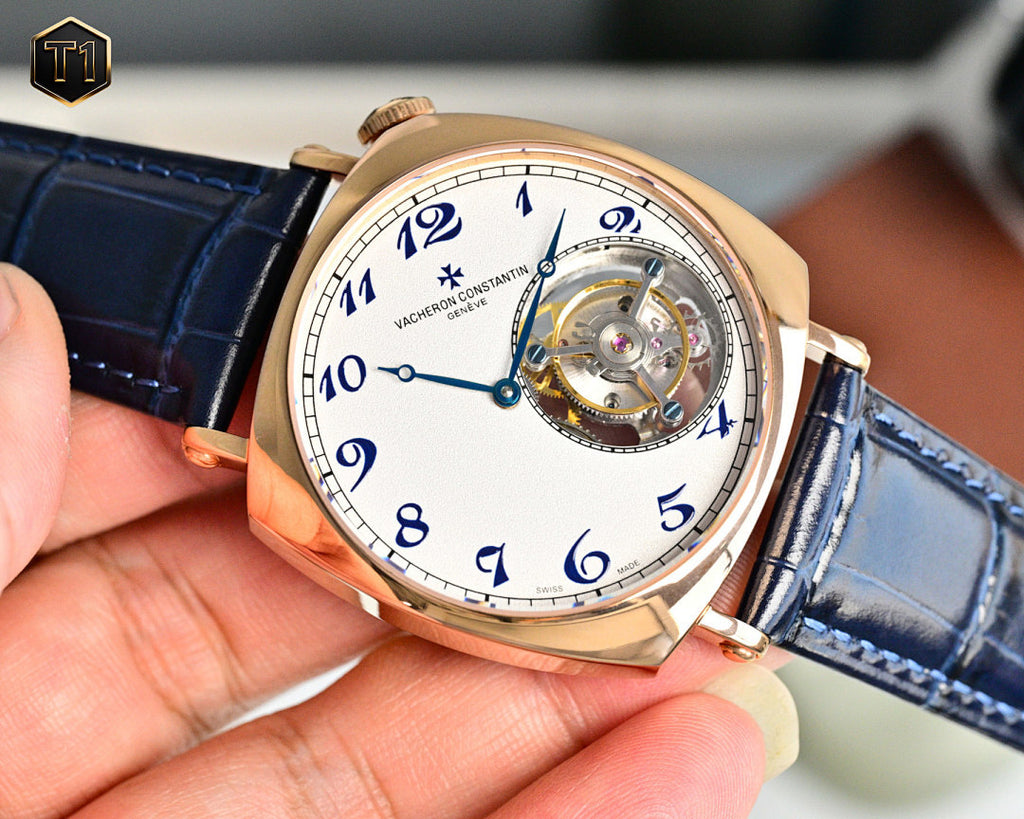 Vacheron Constantin wristwatch with white dial, blue numerals, skeleton movement, blue strap