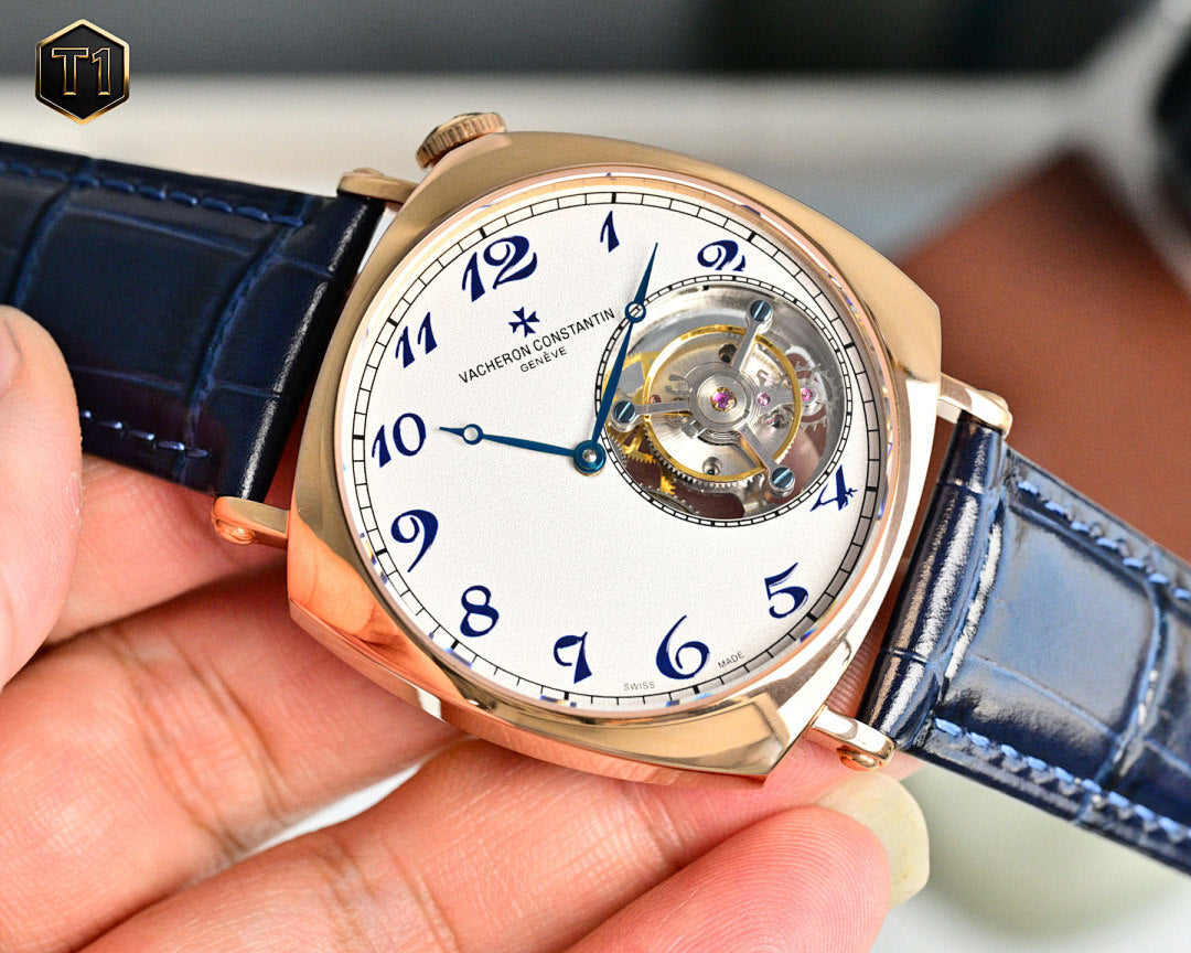 Vacheron Constantin wristwatch with white dial, blue numerals, skeleton movement, blue strap