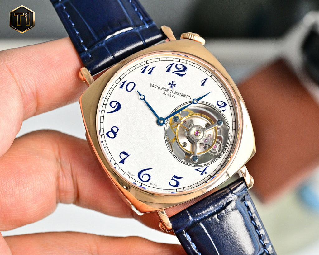Vacheron Constantin wristwatch angled view with white dial, blue numerals, rose gold case