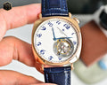 Vacheron Constantin wristwatch with white dial, blue numerals, skeleton movement, blue strap