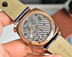 Vacheron Constantin wristwatch with open movement dial, rose gold case, blue leather strap