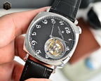 Vacheron Constantin mechanical watch with black dial and black leather strap