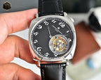 Vacheron Constantin mechanical watch with black dial and black leather strap