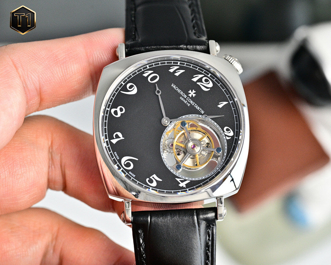 Vacheron Constantin mechanical watch with black dial and black leather strap