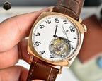 Vacheron Constantin watch front view with white dial, gold case, and brown leather strap