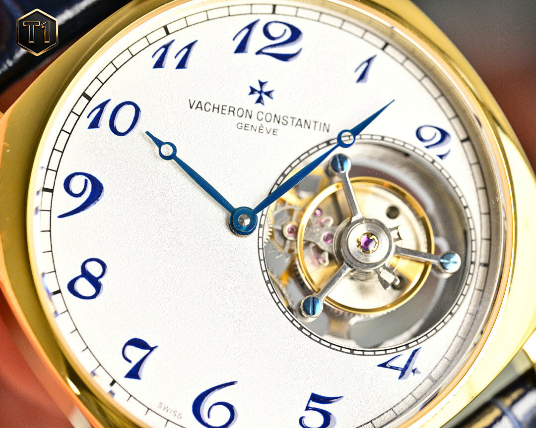 Vacheron Constantin close-up dial with blue hands, numerals, and visible movement