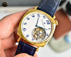 Vacheron Constantin watch with blue leather strap, gold case, and visible skeleton movement