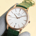 Vacheron Constantin wristwatch with white dial, green leather strap, rose-gold case