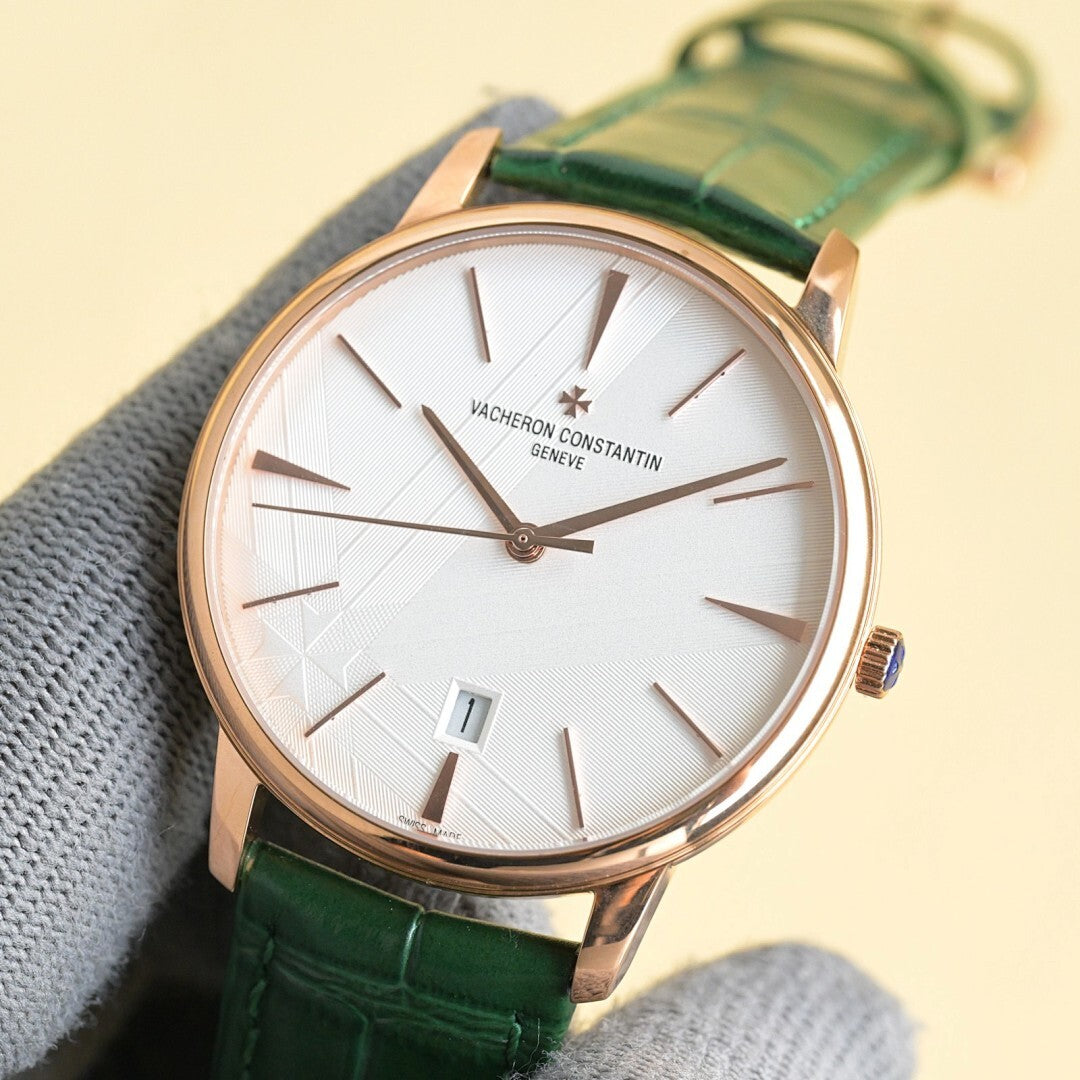 Vacheron Constantin wristwatch with white dial, green leather strap, rose-gold case