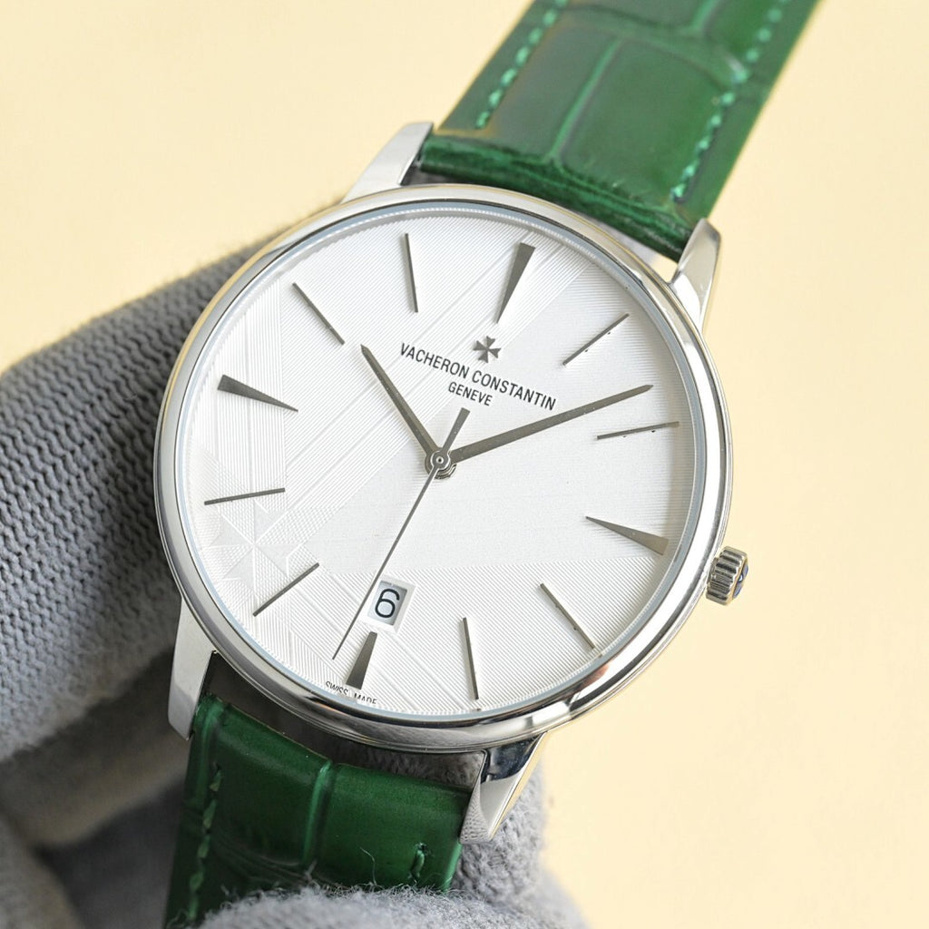 Vacheron Constantin wristwatch with white dial, green leather strap, steel case