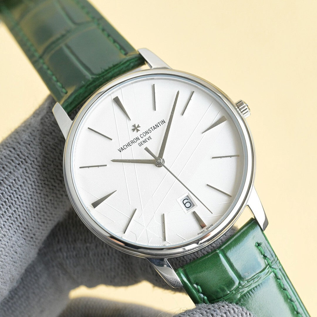 Vacheron Constantin watch with white dial, green leather strap, steel bezel and crown