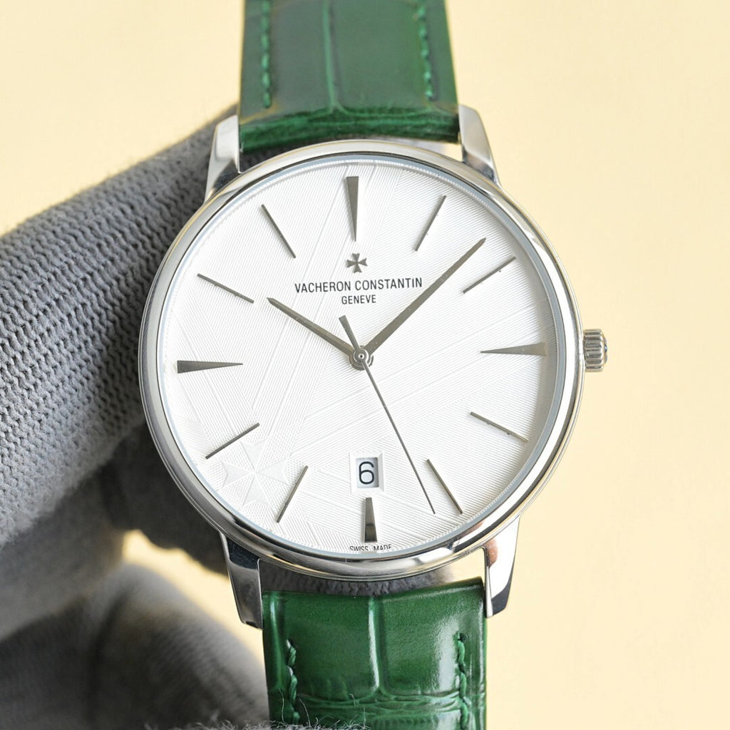 Vacheron Constantin wristwatch with white dial, green leather strap, steel case