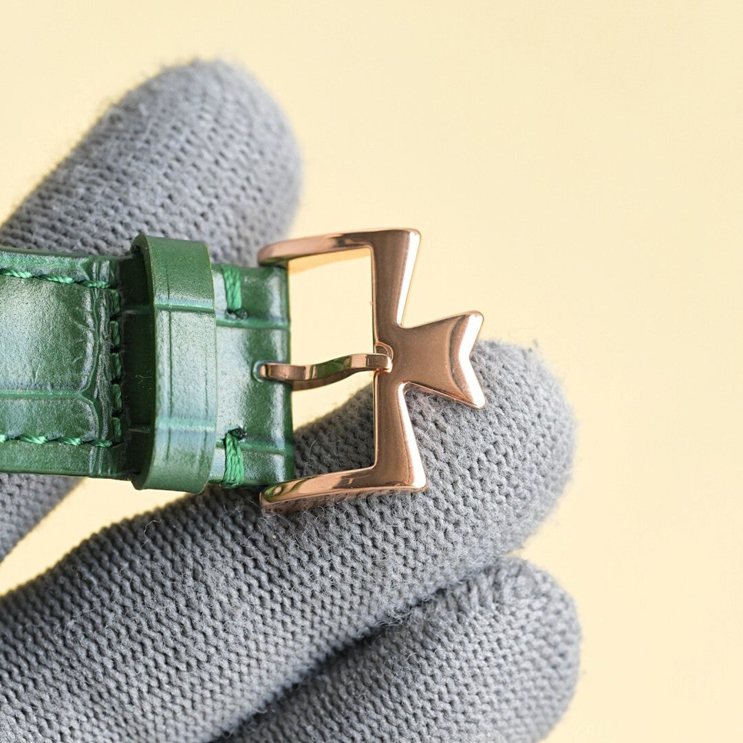Vacheron Constantin watch with green leather strap and rose-gold buckle clasp