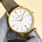 Vacheron Constantin watch with white dial, gold hands, brown leather strap, date window 18