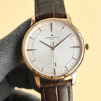 Vacheron Constantin watch with white dial, gold-tone case, and brown leather strap