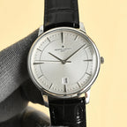 Vacheron Constantin watch with silver dial and black leather strap, round steel case