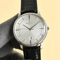 Vacheron Constantin watch with silver dial and black leather strap, round steel case