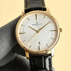 Luxury wristwatch with white dial, gold case, black leather strap and Roman-style markers