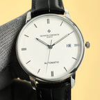 Vacheron Constantin automatic wristwatch with white dial, silver-tone case, date 19