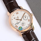 Rose-gold wristwatch with white dial, Roman numerals, brown leather strap, subdial at 6.