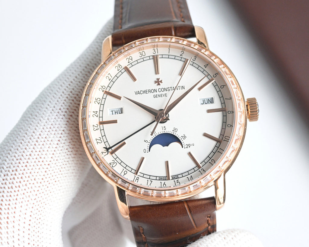 Rose-gold Vacheron Constantin watch with white dial, brown leather strap, day-date subdials