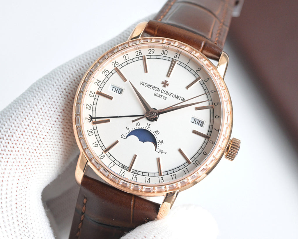 Rose-gold Vacheron Constantin watch with white dial, moonphase, day window, brown leather strap