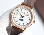 Rose-gold Vacheron Constantin watch with white dial, moonphase, day window, brown leather strap