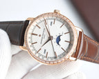 Rose-gold Vacheron Constantin watch with white dial, day-date, brown leather strap
