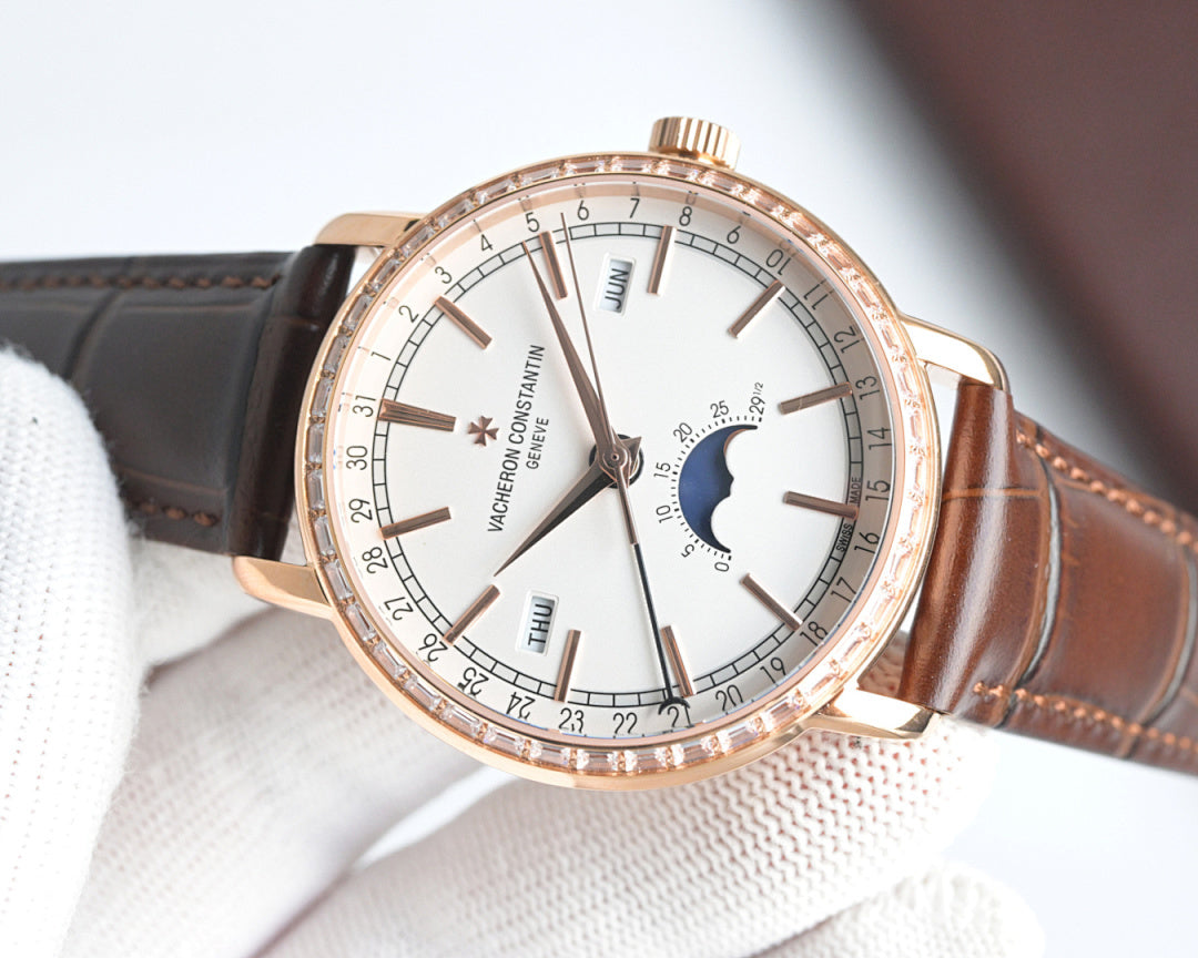Rose-gold Vacheron Constantin watch with white dial, day-date, brown leather strap
