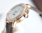 Rose-gold watch side with textured crown and diamond accents, brown leather strap