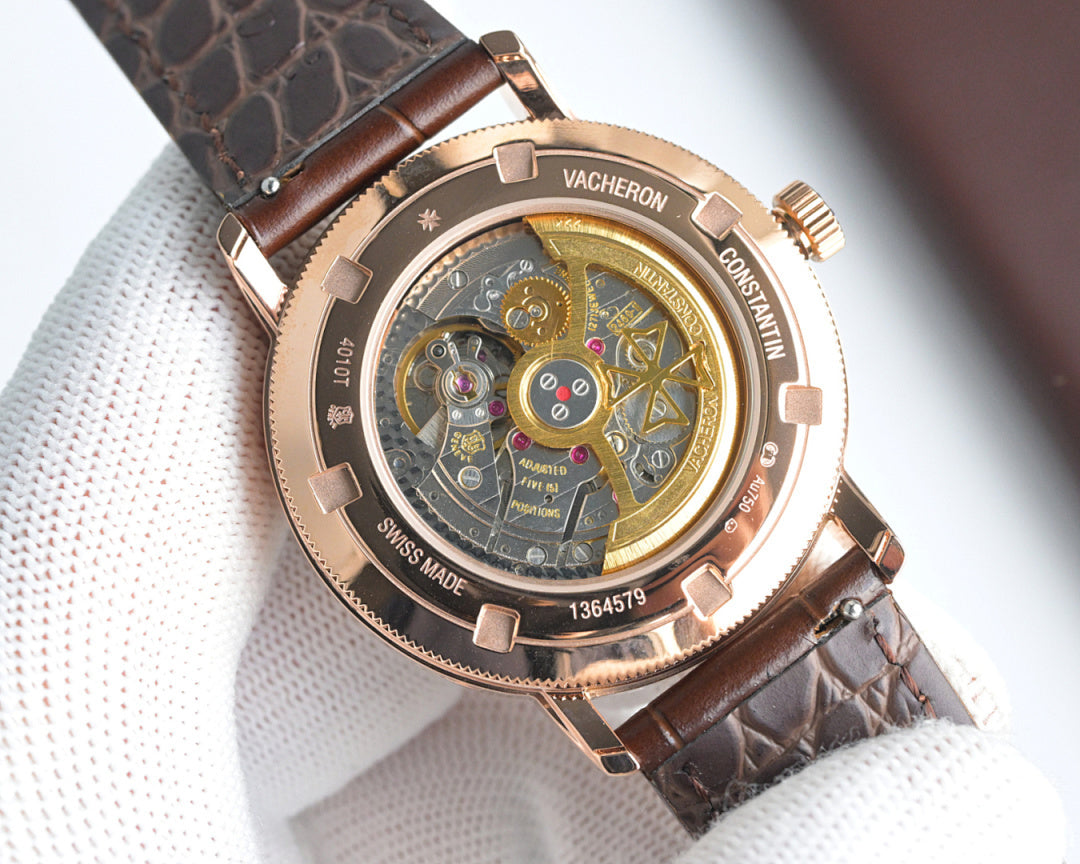 Skeleton-style watch caseback with gold-toned movement, brown leather strap, Vacheron Constantin