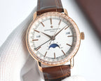 Rose-gold Vacheron Constantin watch with white dial, moonphase, brown leather strap