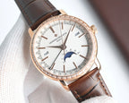 Rose-gold Vacheron Constantin watch with white dial, day window, brown leather strap