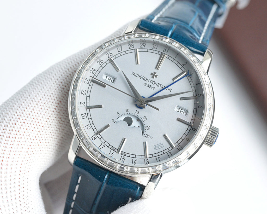 Luxury wristwatch front view with white dial, silver case, and blue leather strap; raised indices.