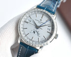 Luxury wristwatch front view with white dial, silver case, and blue leather strap; raised indices.