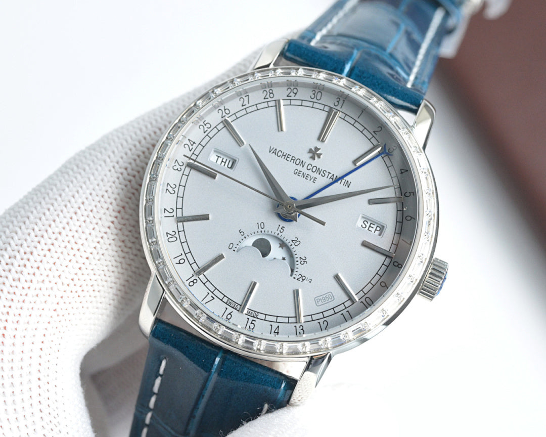 Luxury wristwatch front view with white dial, silver case, and blue leather strap; raised indices.