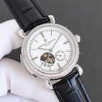 Silver watch with white dial, subdials, and black leather strap