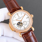 Gold watch with white dial, diamond bezel, and brown leather strap