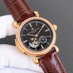 Gold watch with dark dial, subdial details, and brown leather strap with diamond bezel