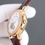 Luxury watch close-up of rose gold-toned case with diamond bezel and brown leather strap