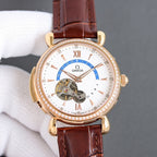 Luxury watch with brown leather strap, rose gold-toned case, white dial, diamond bezel, skeleton movement