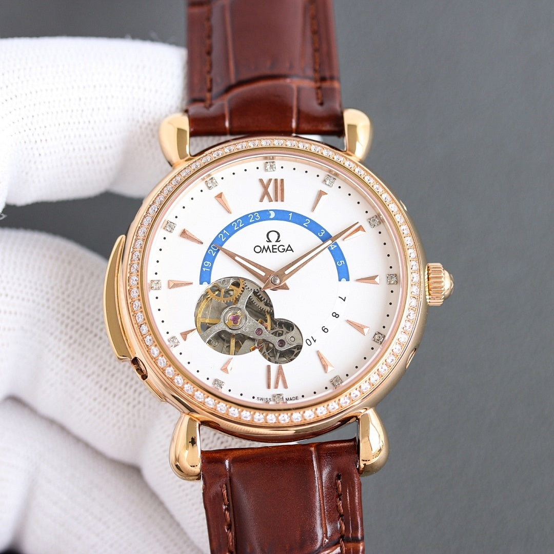 Luxury watch with brown leather strap, rose gold-toned case, white dial, diamond bezel, skeleton movement