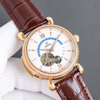 Luxury watch with brown leather strap, rose gold-toned case, white dial, diamond bezel, Roman numerals