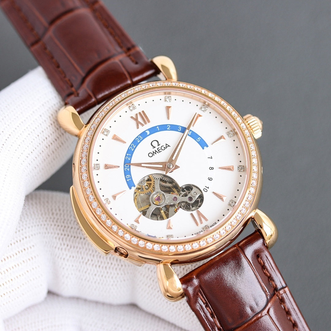 Luxury watch with brown leather strap, rose gold-toned case, white dial, diamond bezel, Roman numerals