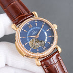 Luxury watch with brown leather strap, gold case, blue dial, diamond bezel, skeleton movement