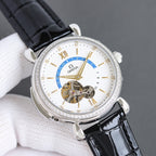 Luxury watch with black leather strap, silver case, white dial, diamond bezel, skeleton movement